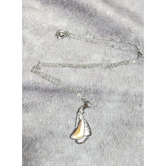 Preppy Nautical Silver Tone Sailboat Pendant Necklace With Shell Inlay - Picture 6 of 6